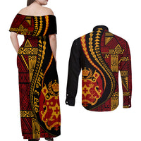 Vintage Tonga Malo E Lelei Ngatu Pattern Couples Matching Off Shoulder Maxi Dress and Long Sleeve Button Shirt LT9 - Polynesian Pride