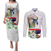 Philippines Eagle and Sampaguita Flowers Couples Matching Puletasi and Long Sleeve Button Shirt Polynesian Pattern