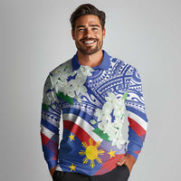Philippines Flag Long Sleeve Polo Shirt Sampaguita Jasmine with Polynesian Tribal