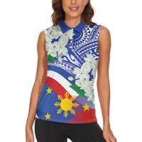 Philippines Flag Women Sleeveless Polo Shirt Sampaguita Jasmine with Polynesian Tribal