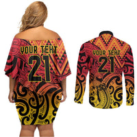 New Zealand Rangatira Custom Couples Matching Off Shoulder Short Dress and Long Sleeve Button Shirt Red and Gold Niho Taniwha Maori Tribal