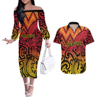 New Zealand Rangatira Custom Couples Matching Off The Shoulder Long Sleeve Dress and Hawaiian Shirt Red and Gold Niho Taniwha Maori Tribal