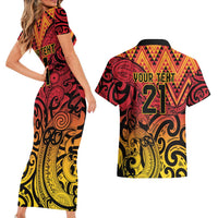New Zealand Rangatira Custom Couples Matching Short Sleeve Bodycon Dress and Hawaiian Shirt Red and Gold Niho Taniwha Maori Tribal