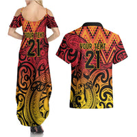 New Zealand Rangatira Custom Couples Matching Summer Maxi Dress and Hawaiian Shirt Red and Gold Niho Taniwha Maori Tribal