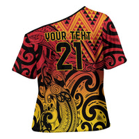 New Zealand Rangatira Custom Cross Shoulder Shirt Red and Gold Niho Taniwha Maori Tribal - Polynesian Pride