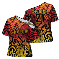 New Zealand Rangatira Custom Cross Shoulder Shirt Red and Gold Niho Taniwha Maori Tribal - Polynesian Pride