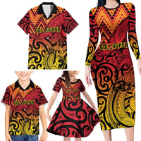 New Zealand Rangatira Custom Family Matching Long Sleeve Bodycon Dress and Hawaiian Shirt Red and Gold Niho Taniwha Maori Tribal