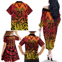 New Zealand Rangatira Custom Family Matching Off The Shoulder Long Sleeve Dress and Hawaiian Shirt Red and Gold Niho Taniwha Maori Tribal