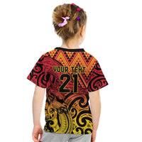 New Zealand Rangatira Custom Kid T Shirt Red and Gold Niho Taniwha Maori Tribal