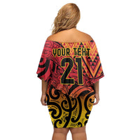 New Zealand Rangatira Custom Off Shoulder Short Dress Red and Gold Niho Taniwha Maori Tribal