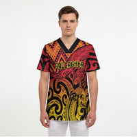 New Zealand Rangatira Custom Scrub Top Red and Gold Niho Taniwha Maori Tribal - Polynesian Pride