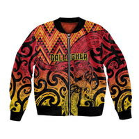 New Zealand Rangatira Custom Sleeve Zip Bomber Jacket Red and Gold Niho Taniwha Maori Tribal