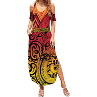 New Zealand Rangatira Custom Summer Maxi Dress Red and Gold Niho Taniwha Maori Tribal