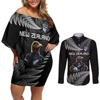 New Zealand Rugby Custom Couples Matching Off Shoulder Short Dress and Long Sleeve Button Shirt Glory Be To Black Silver-fern - Polynesian Pride