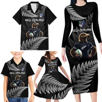 New Zealand Rugby Custom Family Matching Long Sleeve Bodycon Dress and Hawaiian Shirt Glory Be To Black Silver-fern - Polynesian Pride