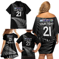 New Zealand Rugby Custom Family Matching Off Shoulder Short Dress and Hawaiian Shirt Glory Be To Black Silver-fern - Polynesian Pride