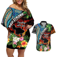 Hawaii Strong Maui Wildfire Couples Matching Off Shoulder Short Dress and Hawaiian Shirt Pray For Lahaina Maui LT9 Black - Polynesian Pride