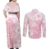 Japan Sakura Floral with Polynesian Vibe Couples Matching Off Shoulder Maxi Dress and Long Sleeve Button Shirt LT9 - Polynesian Pride