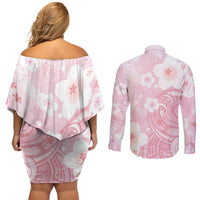 Japan Sakura Floral with Polynesian Vibe Couples Matching Off Shoulder Short Dress and Long Sleeve Button Shirt LT9 - Polynesian Pride