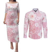 Japan Sakura Floral with Polynesian Vibe Couples Matching Puletasi and Long Sleeve Button Shirt LT9 Pink - Polynesian Pride