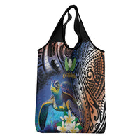 Marshall Islands Kwajalein Atoll Grocery Bag Plumeria Sea Turtle with Polynesian Tribal