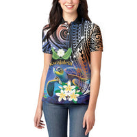 Marshall Islands Kwajalein Atoll Women Polo Shirt Plumeria Sea Turtle with Polynesian Tribal