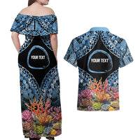 Personalised Nukuoro Micronesia Atoll Couples Matching Off Shoulder Maxi Dress and Hawaiian Shirt with Pacific Coral Reef