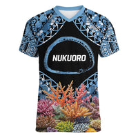 Personalised Nukuoro Micronesia Atoll Women V-Neck T-Shirt with Pacific Coral Reef LT9 Female Blue - Polynesian Pride