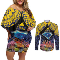 Tokelau Atafu Atoll Personalised Couples Matching Off Shoulder Short Dress and Long Sleeve Button Shirt Pacific Coral Reef Vibe LT9 Gold - Polynesian Pride