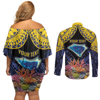 Tokelau Atafu Atoll Personalised Couples Matching Off Shoulder Short Dress and Long Sleeve Button Shirt Pacific Coral Reef Vibe LT9 - Polynesian Pride