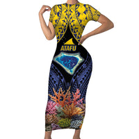 Tokelau Atafu Atoll Personalised Short Sleeve Bodycon Dress Pacific Coral Reef Vibe LT9 Long Dress Gold - Polynesian Pride