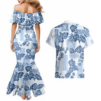 Vintage Hawaii Couples Matching Mermaid Dress and Hawaiian Shirt Hibiscus Tapa Tribal With Hawaiian Quilt Pattern Blue LT9 - Polynesian Pride