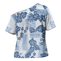Vintage Hawaii Cross Shoulder Shirt Hibiscus Tapa Tribal With Hawaiian Quilt Pattern Blue - Polynesian Pride