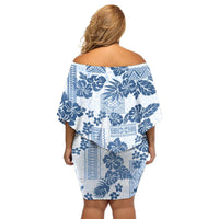 Vintage Hawaii Off Shoulder Short Dress Hibiscus Tapa Tribal With Hawaiian Quilt Pattern Blue LT9 - Polynesian Pride