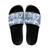 Vintage Hawaii Slide Sandals Hibiscus Tapa Tribal With Hawaiian Quilt Pattern Blue - Polynesian Pride