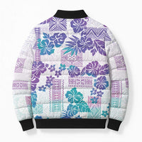 Vintage Hawaii Bomber Puffer Jacket Hibiscus Tapa Tribal With Hawaiian Quilt Pattern Purple - Polynesian Pride
