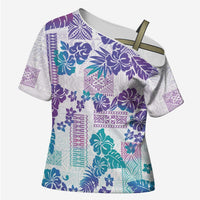Vintage Hawaii Cross Shoulder Shirt Hibiscus Tapa Tribal With Hawaiian Quilt Pattern Purple - Polynesian Pride