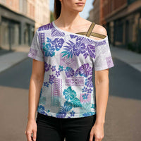 Vintage Hawaii Cross Shoulder Shirt Hibiscus Tapa Tribal With Hawaiian Quilt Pattern Purple - Polynesian Pride
