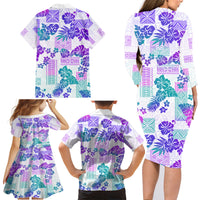 Vintage Hawaii Family Matching Long Sleeve Bodycon Dress and Hawaiian Shirt Hibiscus Tapa Tribal With Hawaiian Quilt Pattern Purple LT9 - Polynesian Pride