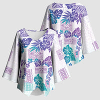 Vintage Hawaii Kimono Sleeve Blouse Hibiscus Tapa Tribal With Hawaiian Quilt Pattern Purple - Polynesian Pride