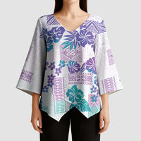 Vintage Hawaii Kimono Sleeve Blouse Hibiscus Tapa Tribal With Hawaiian Quilt Pattern Purple - Polynesian Pride