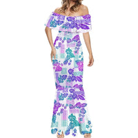 Vintage Hawaii Mermaid Dress Hibiscus Tapa Tribal With Hawaiian Quilt Pattern Purple LT9 - Polynesian Pride