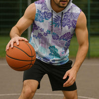 Vintage Hawaii Sleeveless Hoodie Hibiscus Tapa Tribal With Hawaiian Quilt Pattern Purple - Polynesian Pride