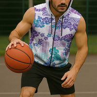 Vintage Hawaii Sleeveless Zip Hoodie Hibiscus Tapa Tribal With Hawaiian Quilt Pattern Purple LT9 - Polynesian Pride