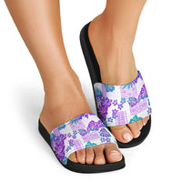 Vintage Hawaii Slide Sandals Hibiscus Tapa Tribal With Hawaiian Quilt Pattern Purple - Polynesian Pride