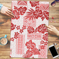 Vintage Hawaii Puzzle Hibiscus Tapa Tribal With Hawaiian Quilt Pattern Red - Polynesian Pride
