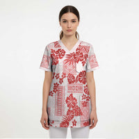 Vintage Hawaii Scrub Top Hibiscus Tapa Tribal With Hawaiian Quilt Pattern Red - Polynesian Pride