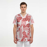 Vintage Hawaii Scrub Top Hibiscus Tapa Tribal With Hawaiian Quilt Pattern Red - Polynesian Pride
