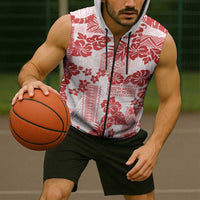Vintage Hawaii Sleeveless Zip Hoodie Hibiscus Tapa Tribal With Hawaiian Quilt Pattern Red - Polynesian Pride