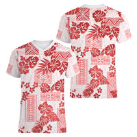 Vintage Hawaii Women V Neck T Shirt Hibiscus Tapa Tribal With Hawaiian Quilt Pattern Red LT9 - Polynesian Pride